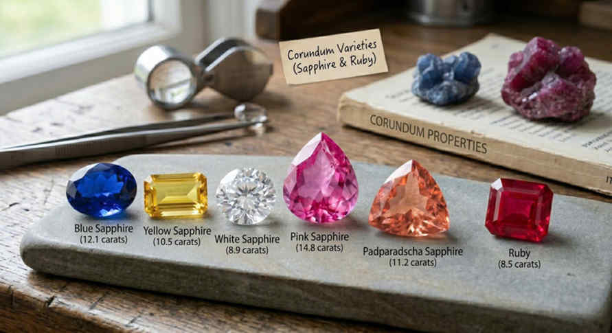 các màu sapphire tự nhiên họ corundum: blue, yellow, white, pink, padparadscha sapphire và ruby